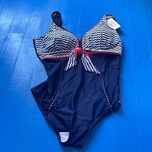 Merry Style One Piece Swimsuit Navy Stripe SIZE 3XL NWT Halter Ruched